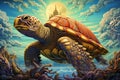 AI generated illustration of a vibrant painting of a turtle swimming in a vast ocean