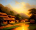 AI generated illustration of a vibrant painting of a village situated on the shoreline during sunset Royalty Free Stock Photo