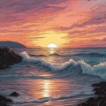 AI generated illustration of a vibrant painting of waves crash against cliff as sun sets