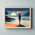 AI generated illustration of a vibrant painting of a woman strolling on a beach