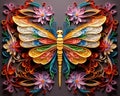 AI generated illustration of a vibrant paper art of a colorful dragonfly with floral pattern