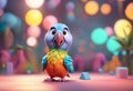 AI generated illustration of a vibrant parrot bird perched atop a pile of colorful balls