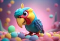 AI generated illustration of a vibrant parrot bird perched atop a pile of colorful balls