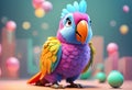 AI generated illustration of a vibrant parrot bird perched atop a pile of colorful balls