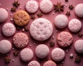 AI generated illustration of a vibrant pink background with an assortment of delicious cookies