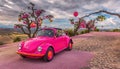 AI generated illustration of a vibrant pink car parked in a scenic outdoor location