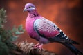 AI generated illustration of a vibrant pink-colored pigeon perched atop a tree branch