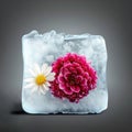 AI generated illustration of a vibrant pink flower with daisies on a frozen ice block Royalty Free Stock Photo