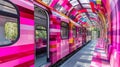 AI-generated illustration of a vibrant pink train at the station