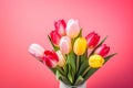 AI generated illustration of vibrant pink, yellow, and red tulips in a vase on a pink background Royalty Free Stock Photo