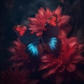 red and blue butterfly on a large black flower stem in an open field Royalty Free Stock Photo