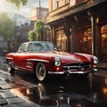 AI generated illustration of a vibrant red classic sports car parked on a wet, rain-soaked street Royalty Free Stock Photo