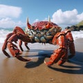 AI generated illustration of a vibrant red crab walking across a sandy beach in a sunny day Royalty Free Stock Photo