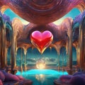 AI generated illustration of a vibrant red heart-shaped balloon suspended in the air in a cave