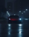 AI generated illustration of a vibrant red sports car parked in a cityscape at night