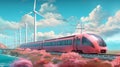 AI generated illustration of a vibrant red train travelling along a set of tracks