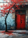 AI generated illustration of a vibrant red tree in front of a blue-painted building with a door Royalty Free Stock Photo