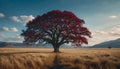 AI generated illustration of a Vibrant red tree stands tall in an expansive field