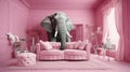 a couch, two chairs, and an elephant are in a room with pink walls