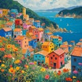 AI generated illustration of vibrant seaside village painting Royalty Free Stock Photo