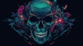 AI generated illustration of a vibrant skull adorned with flowers on the black background