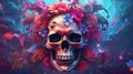 AI generated illustration of a vibrant skull with a festive floral arrangement on its head