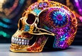 AI generated illustration of a vibrant skull illuminated by an array of bright and colorful stones