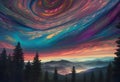 AI generated illustration of vibrant sky above majestic mountain, adorned with lush pine trees