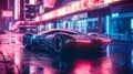 AI generated illustration of a vibrant sports car speeding down a street illuminated by neon lights Royalty Free Stock Photo