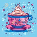 AI generated illustration of a vibrant, steaming cup of coffee on a blue background Royalty Free Stock Photo