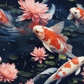 a painting of several koi fish swimming among pink waterlilies Royalty Free Stock Photo