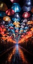 AI generated illustration of a vibrant street scene, with an array of colourful umbrellas