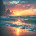 AI generated illustration of a Vibrant sunset over the ocean on a sandy beach with rolling waves Royalty Free Stock Photo