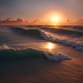 AI generated illustration of a Vibrant sunset over the ocean on a sandy beach with rolling waves Royalty Free Stock Photo