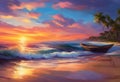 AI generated illustration of a vibrant sunset painting of a beach featuring tall palm trees