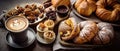 AI generated illustration of a vibrant table featuring freshly baked croissants, a cup of coffee