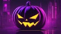 AI generated illustration of a vibrant traditional grinning jack-o-lantern under purple neon lights