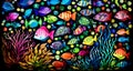 AI generated illustration of vibrant tropical fish showcased in an aquarium tank Royalty Free Stock Photo
