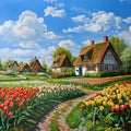 AI generated illustration of vibrant tulips in a pastoral painting with thatched roof farmhouses