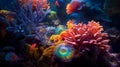 A vibrant underwater scene featuring a collection of small fish swimming