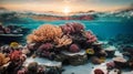 AI generated illustration of a vibrant underwater scene featuring a variety of coral