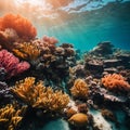 AI generated illustration of A vibrant underwater scene of a tropical coral reef and fish Royalty Free Stock Photo