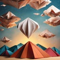 AI generated illustration of a vibrant view of several colorful paper origamis in a starry sky