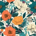 AI generated illustration of a vibrant wallpaper featuring an array of orange and blue flowers