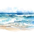 AI generated illustration of a vibrant watercolor of a massive wave crashing onto the beach