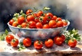 AI generated illustration of a vibrant, watercolor painting of a bowl full of ripe, red tomatoes