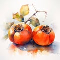 AI generated illustration of a vibrant watercolor painting depicting a cluster of ripe persimmons