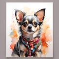 a watercolor picture of a small dog wearing a collar