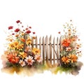 AI generated illustration of a vibrant watercolor painting of a garden fence, adorned with flowers