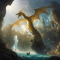 AI generated illustration of a vibrant yellow dragon gracefully perches above a scenic river Royalty Free Stock Photo